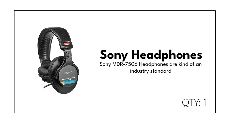 Image of Sony MDR-7506 headphones with text indicating they are industry standard and a purchase quantity of one.