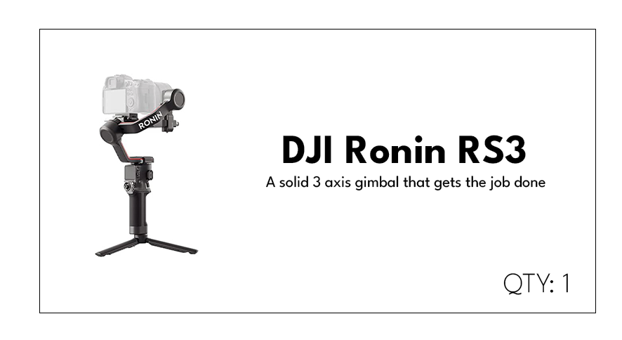 Packaging box for the DJI Ronin RS3 three-axis gimbal with an image of the gimbal and camera attached, product name, description highlighting durability, and quantity indicated as one.