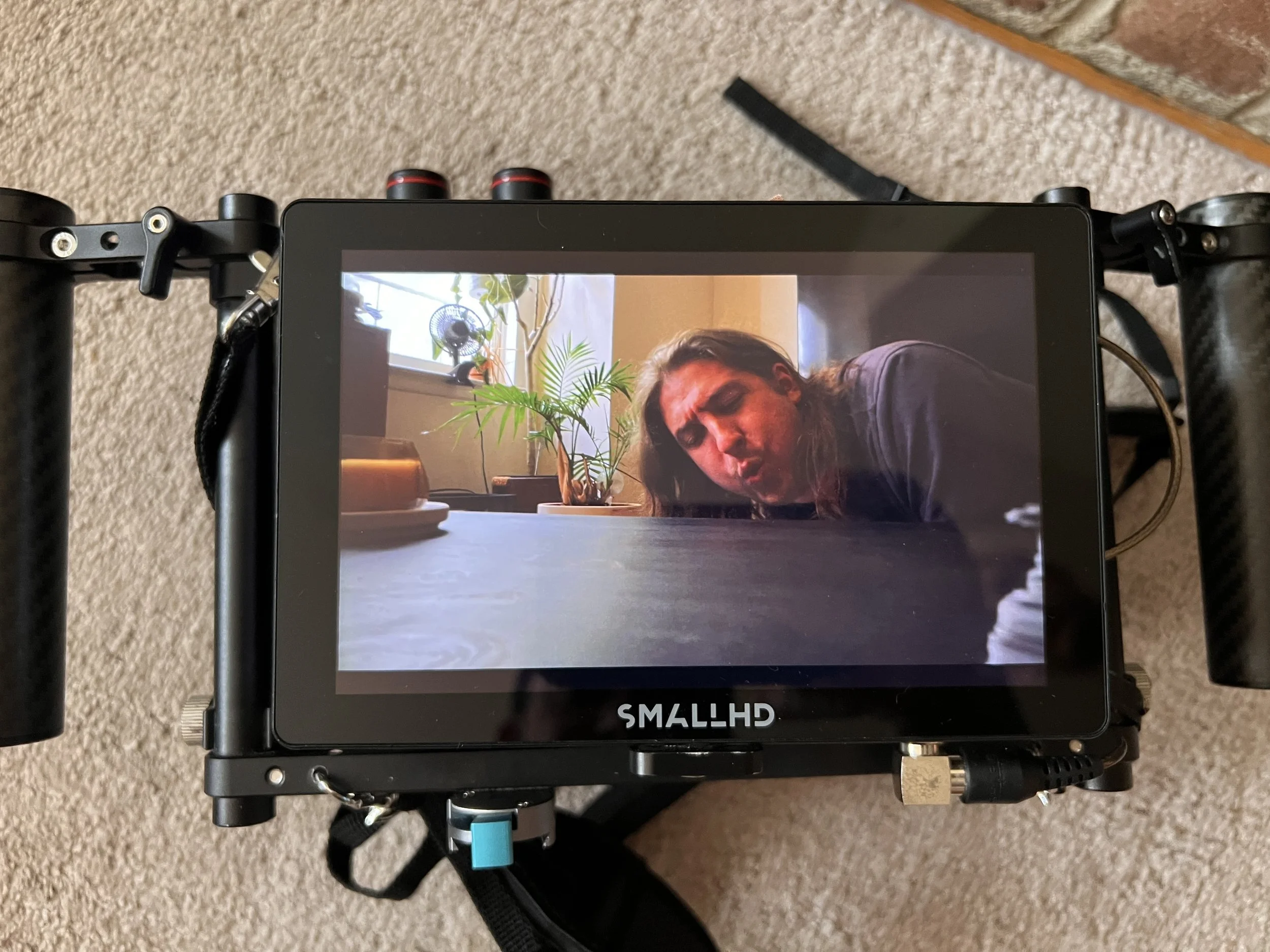 A person with long hair leaning over a table, making a funny face in front of a camera on a small handheld monitor, with a plant and window in the background.