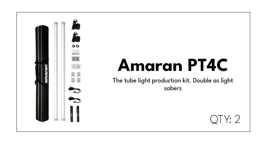 Unboxing kit for Amaran PT4C tube LED light, including two light tubes, carrying case, power cords, mounting hardware, and accessories.