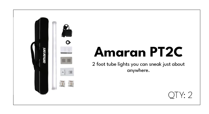 Product image of Amaran PT2C two-foot tube lights, with accessories including a carrying case, power adapter, and various connectors, designed for portable lighting.