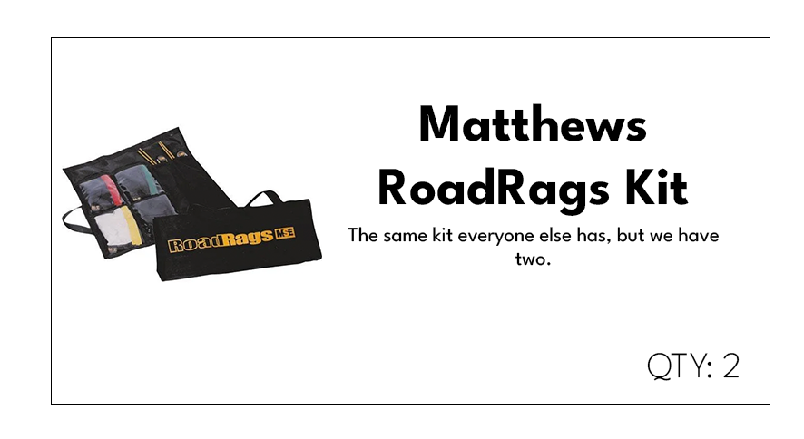 Mathews RoadRags Kit with two identical kits shown, each containing various clothing items and accessories, and the text indicating a quantity of two kits.
