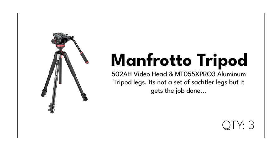 Product label showing the Manfrotto Tripod, specifics about video head and aluminum legs, with an image of the tripod on the left and details about quantity and features on the right.