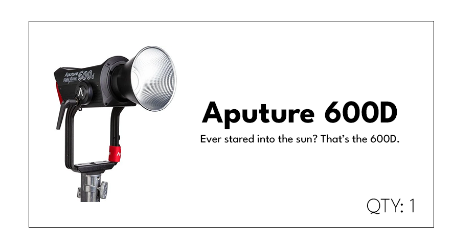 A studio strobe light with a reflector, labeled Aputure 600D, next to text that reads 'Ever stared into the sun? That's the 600D.' and a quantity indicator of 1.