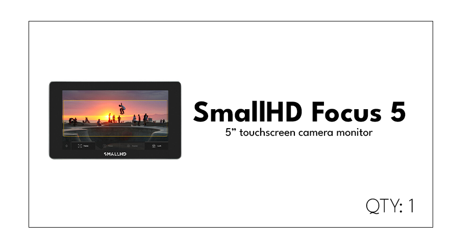 Box packaging of SmallHD Focus 5, a 5-inch touchscreen camera monitor, with an image of the monitor displaying a sunset scene and people at a beach or park.