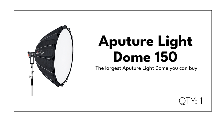 Box advertising Aputure Light Dome 150, the largest Aputure light dome available, with an image of the light dome on the left and product details on the right, including a note that the box contains one item.
