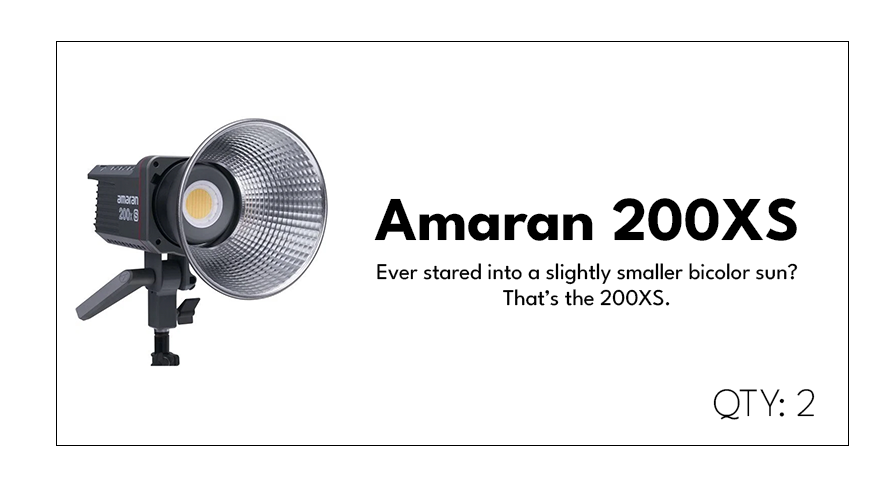 Digital advertisement for Amaran 200XS studio light, showing the light with a reflector and a tripod mount, with text promoting the product and indicating a quantity of two.