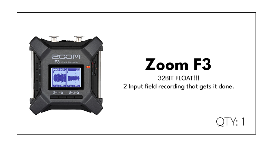 A promotional image of a Zoom F3 32-bit field recorder with a digital display, emphasizing its 2-input recording capability and compact design.