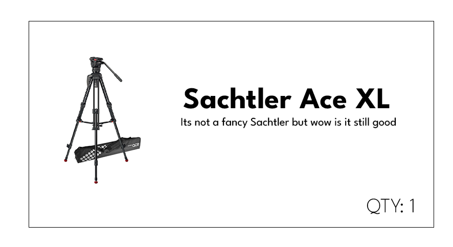 Product packaging for a Sachler Ace XL tripod, featuring an image of the tripod, with the text 'Sachler Ace XL Its not a fancy Sachler but wow is it still good' and a quantity indicator of 1.