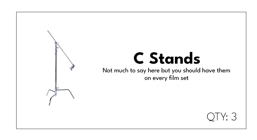 Image of a film C stand with height adjustment and arm on a white background, labeled as "C Stands" with a note about their use in film sets, and a quantity of 3.