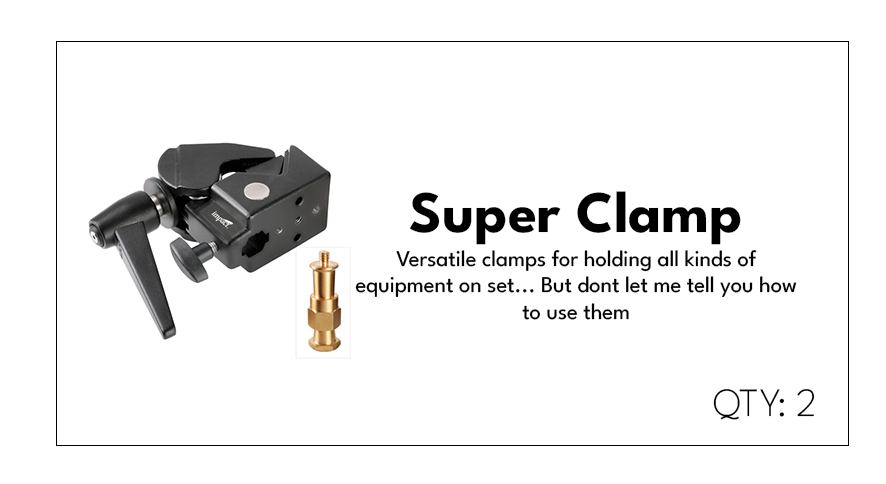 Image of a super clamp tool with gold-colored adapter, description highlighting its versatility for holding equipment, and noting a quantity of two.