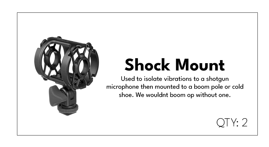 A shock mount for a shotgun microphone with two mounts, used to isolate vibrations, shown with text description and quantity of two.