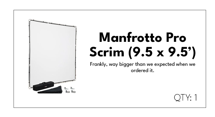 Packaging for Manfrotto Pro Scrim 9.5 x 9.5 inches, showing a frame with a white fabric, a carrying bag, and small accessories.