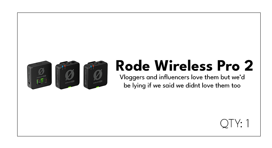 Image of three Rode Wireless Pro 2 microphone receivers with black body and LED indicators, alongside text that reads 'Rode Wireless Pro 2' and a humorous description about vloggers and influencers. The quantity is listed as 1.