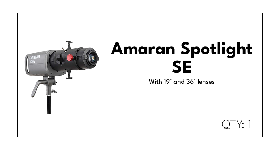 Product box for the Amaran Spotlight SE, a lighting device with 19° and 36° lenses, quantity of one.