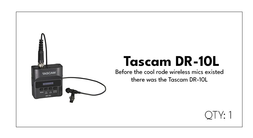 A Tascam DR-10L wireless microphone system shown with the transmitter and microphone, along with text indicating the product name and a note about its existence prior to the Rode wireless mics.