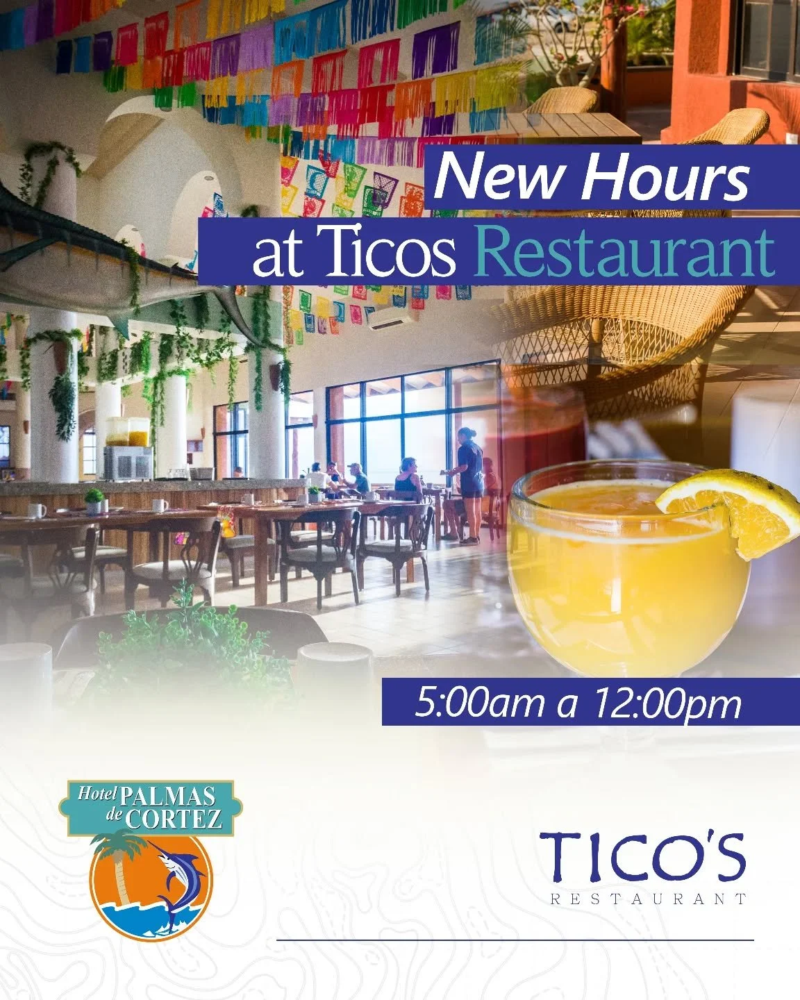 🌞 &iexcl;Nuevo horario en Tico&rsquo;s Restaurant!
Ahora abrimos nuestras puertas de 5:00 a.m. a 12:00 p.m. 🕛✨
Disfruta de tus desayunos favoritos por m&aacute;s tiempo &mdash; el mejor comienzo de d&iacute;a te espera aqu&iacute; 🍳☕🌴

🌞 New sch