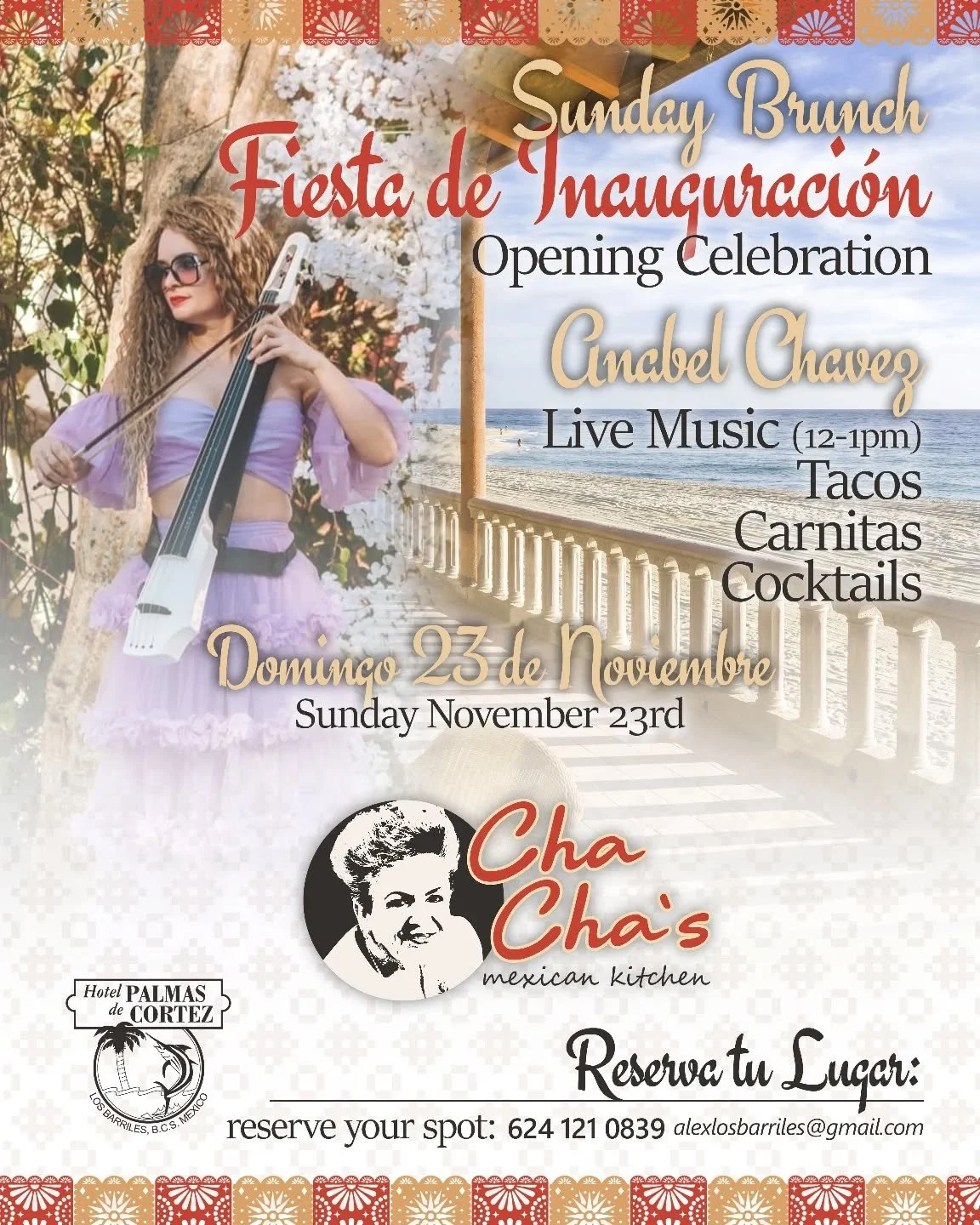 ✨ Domingo 23 de Noviembre celebramos la inauguraci&oacute;n de ChaCha&rsquo;s Mexican Kitchen ✨
Disfruta del brunch frente al mar, m&uacute;sica en vivo con Anabel Chavez (12&ndash;1 pm), tacos, carnitas y c&oacute;cteles especiales.
&iexcl;Acomp&aac