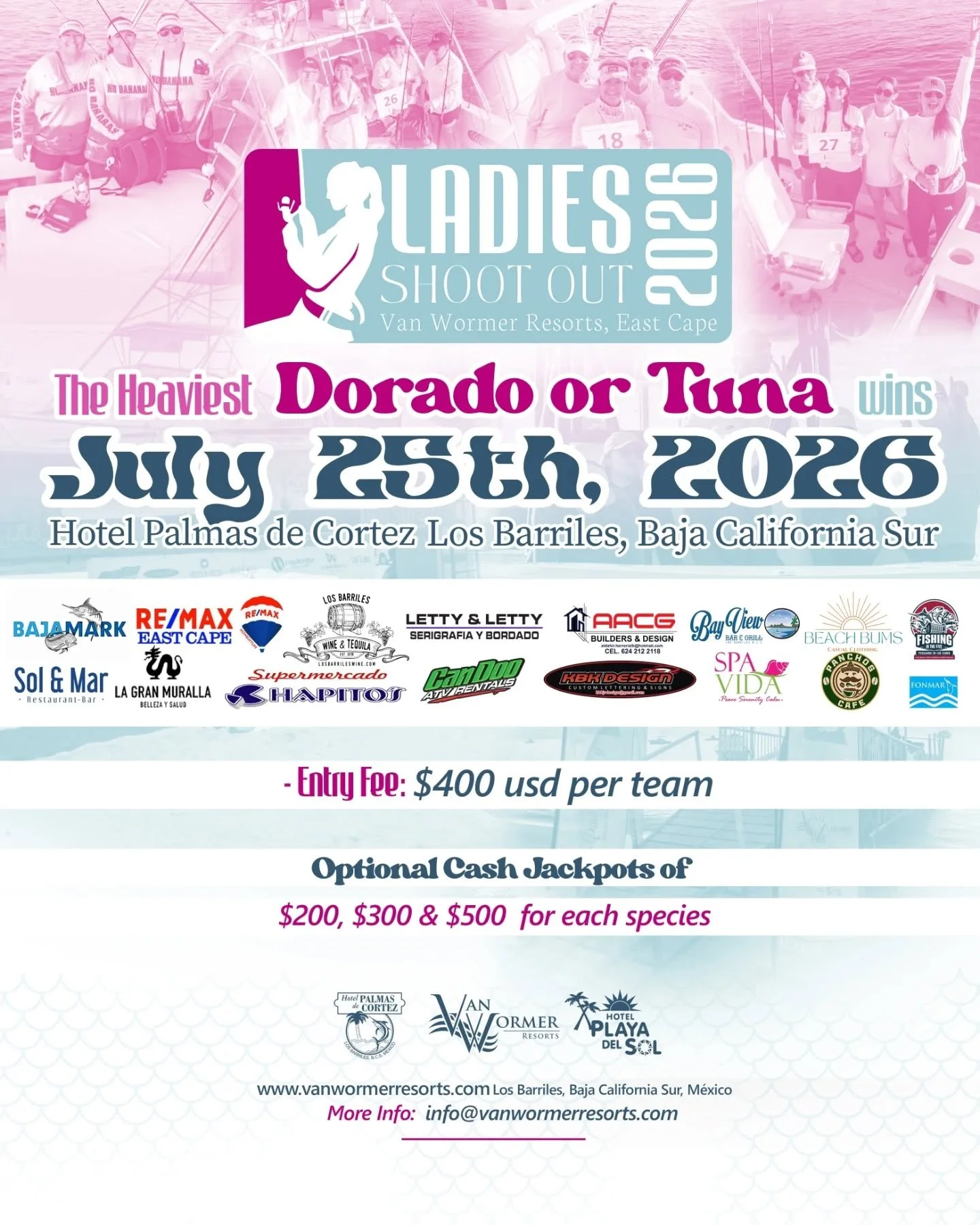 🎣💗 Re&uacute;ne a tu equipo y acomp&aacute;&ntilde;anos en el Ladies Shoot Out 2026. Un d&iacute;a de pesca, grandes premios y momentos inolvidables en Los Barriles. &iquest;Qui&eacute;n lograr&aacute; capturar el Dorado o At&uacute;n ganador? 🐟🏆