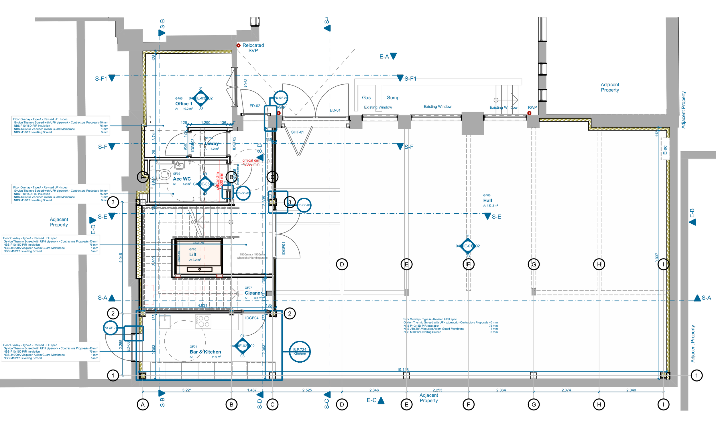 Floor plan of a building showing rooms labeled as office, lobby, bathroom, lift, bar & kitchen, and hall, with various construction details and measurements.