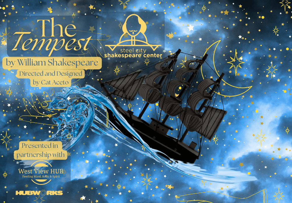 Poster for The Tempest with a ship on a blue background with yellow text