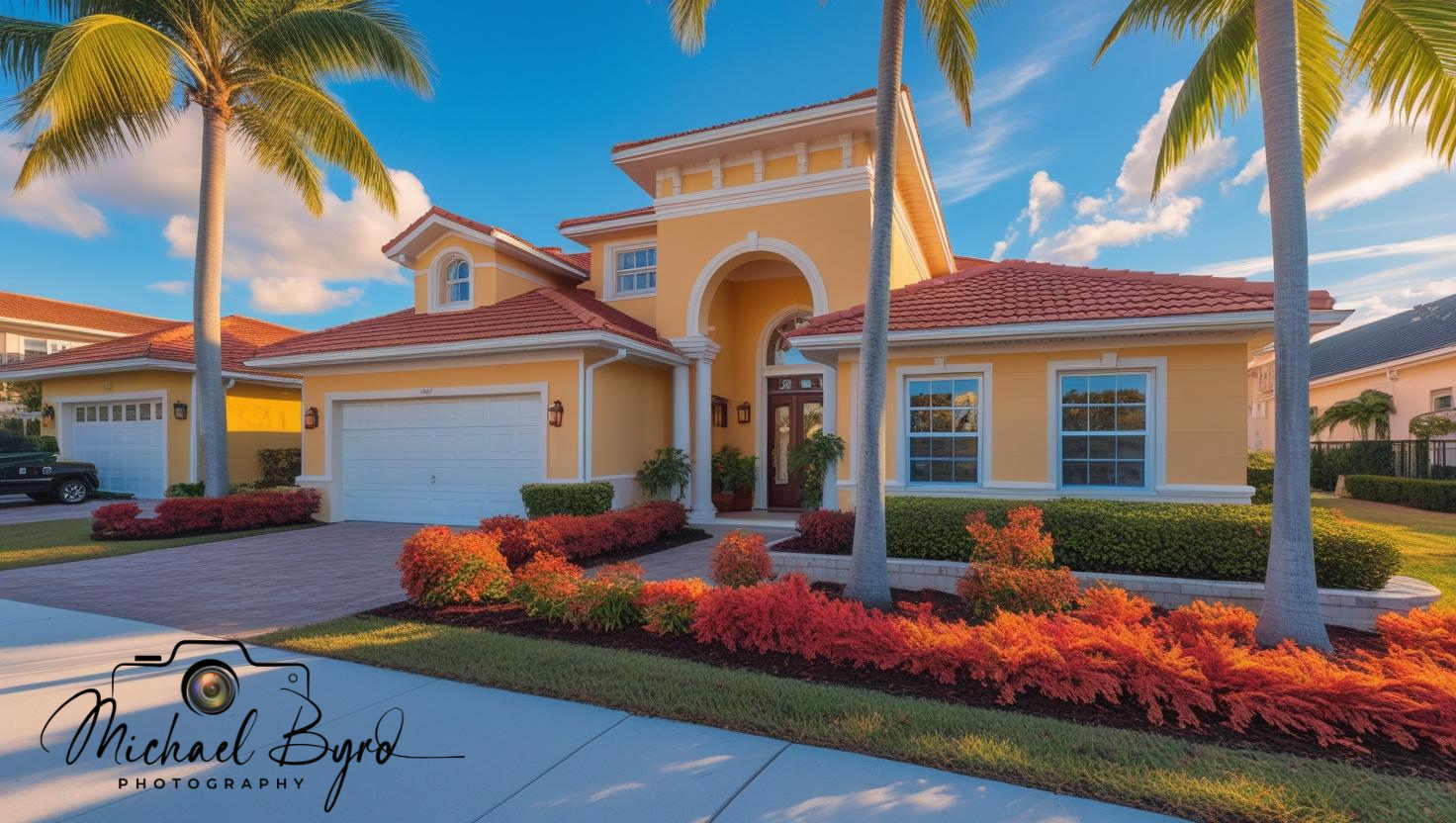 Tampa Bay home exterior bathed in warm September sunlight”