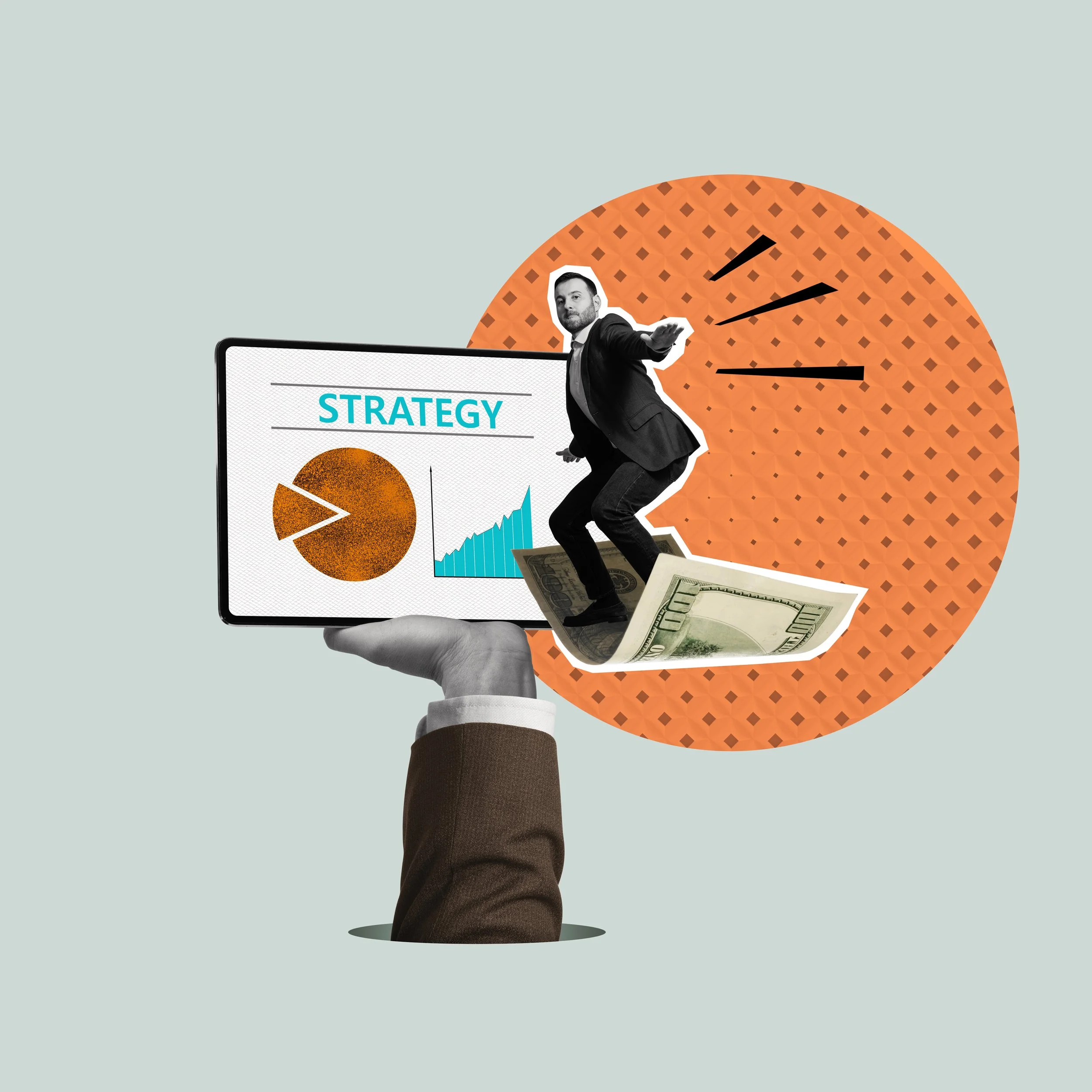 A collage featuring a hand holding a tablet with the word 'STRATEGY' and graphs displayed, a man in a suit walking on dollar bills, and an orange clock in the background.