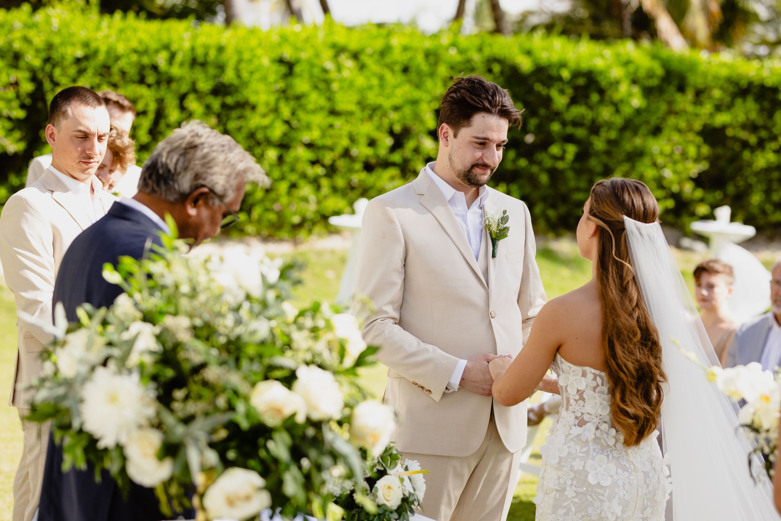 Bride and groom during a private first look moment on their Punta Cana wedding day