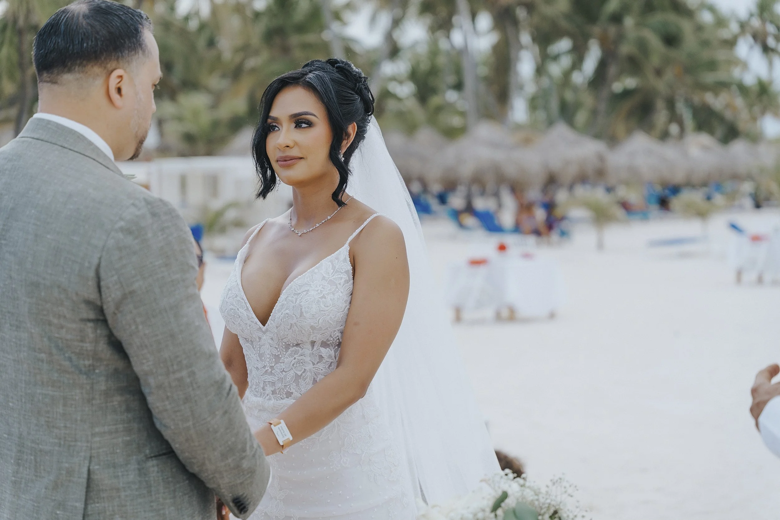 Bride sharing intimate look with groom during the ceremony
