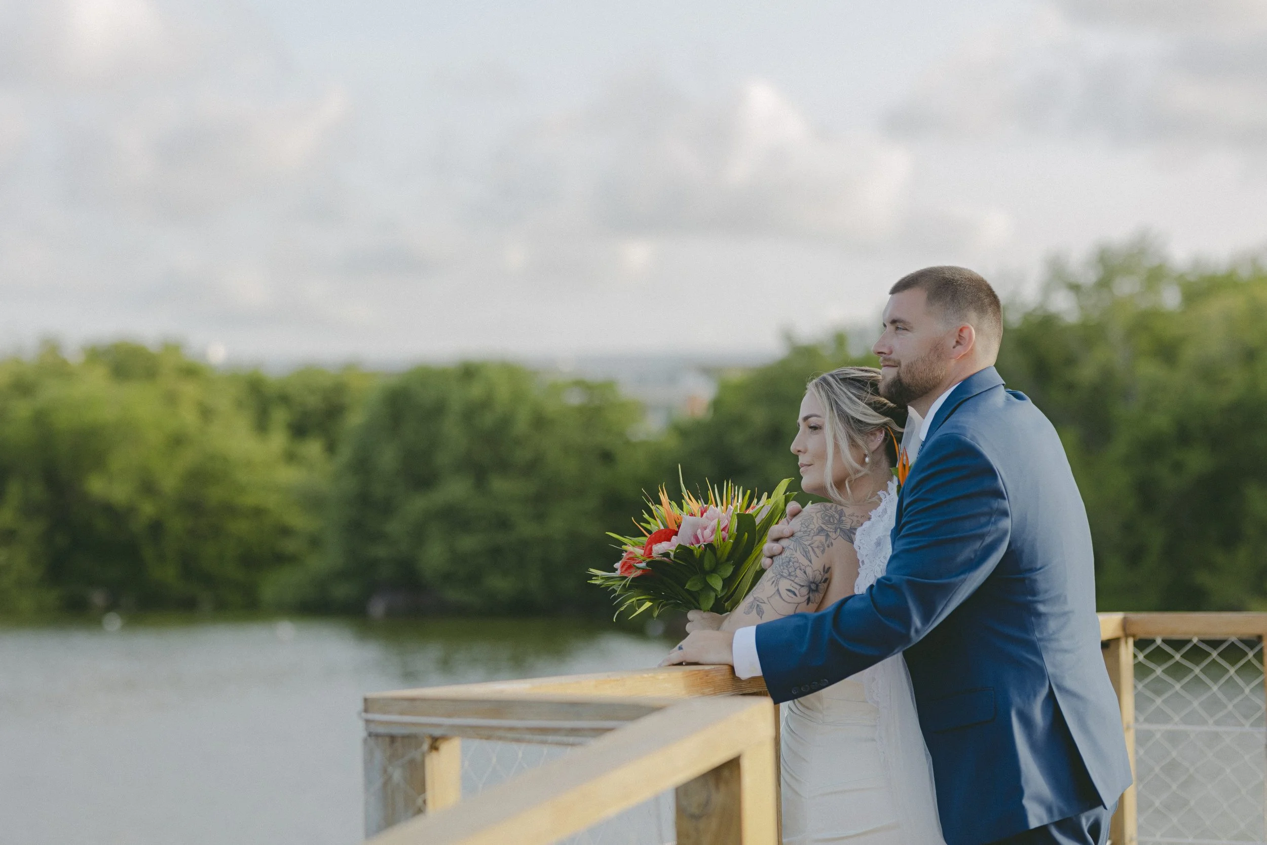 Bride and groom portrait by the water at Dreams Royal Beach wedding