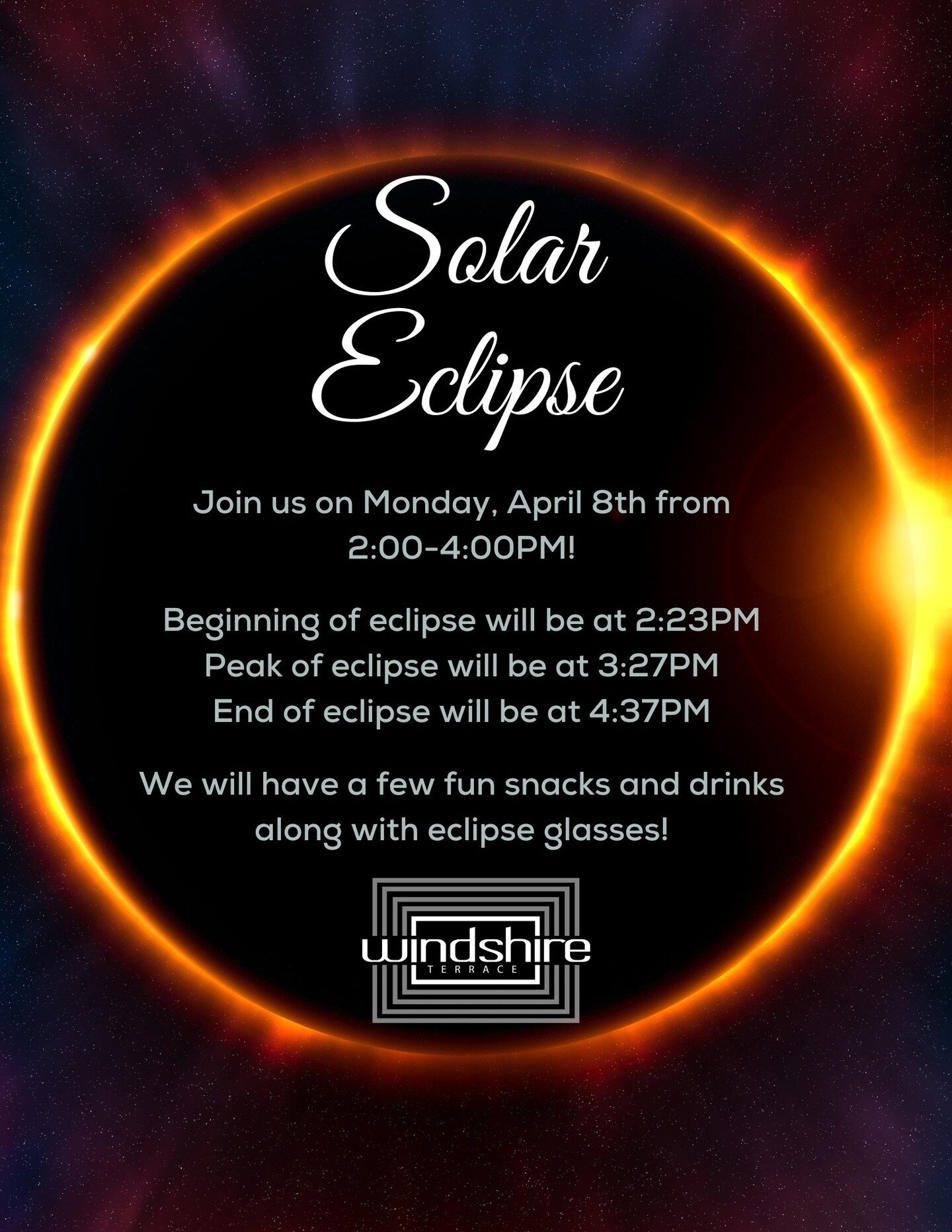 Join us on Monday, April 8th, to view the eclipse! Grab some snacks and drinks and make sure you wear one of our eclipse glasses for viewing! We can't wait to see you all there. ☀️🌑

#solareclipse #eclipse #residentevents #events #residents #lovewhe