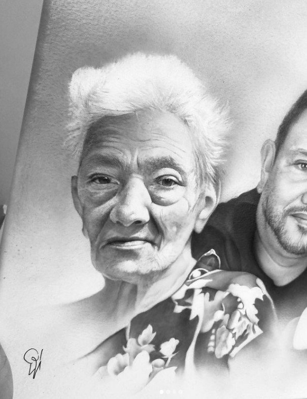 Black and white hand-painted portrait of an elderly woman, original portrait artwork by Eli Vallejo