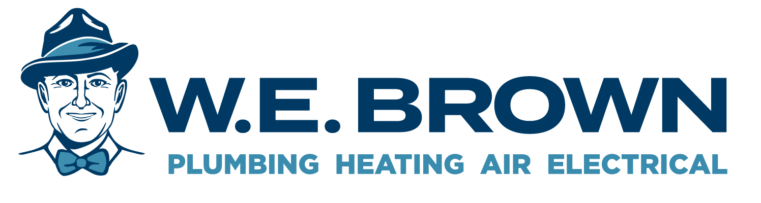 Logo for W.E. BROWN Plumbing Heating Air Electrical featuring a smiling man in a hat and bowtie.