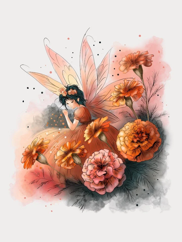 My Marigold Fairy! These are cempas&uacute;chil marigolds.
https://shop.iamhrsinclair.com/products/100156172-marigold-fairy-t-shirt