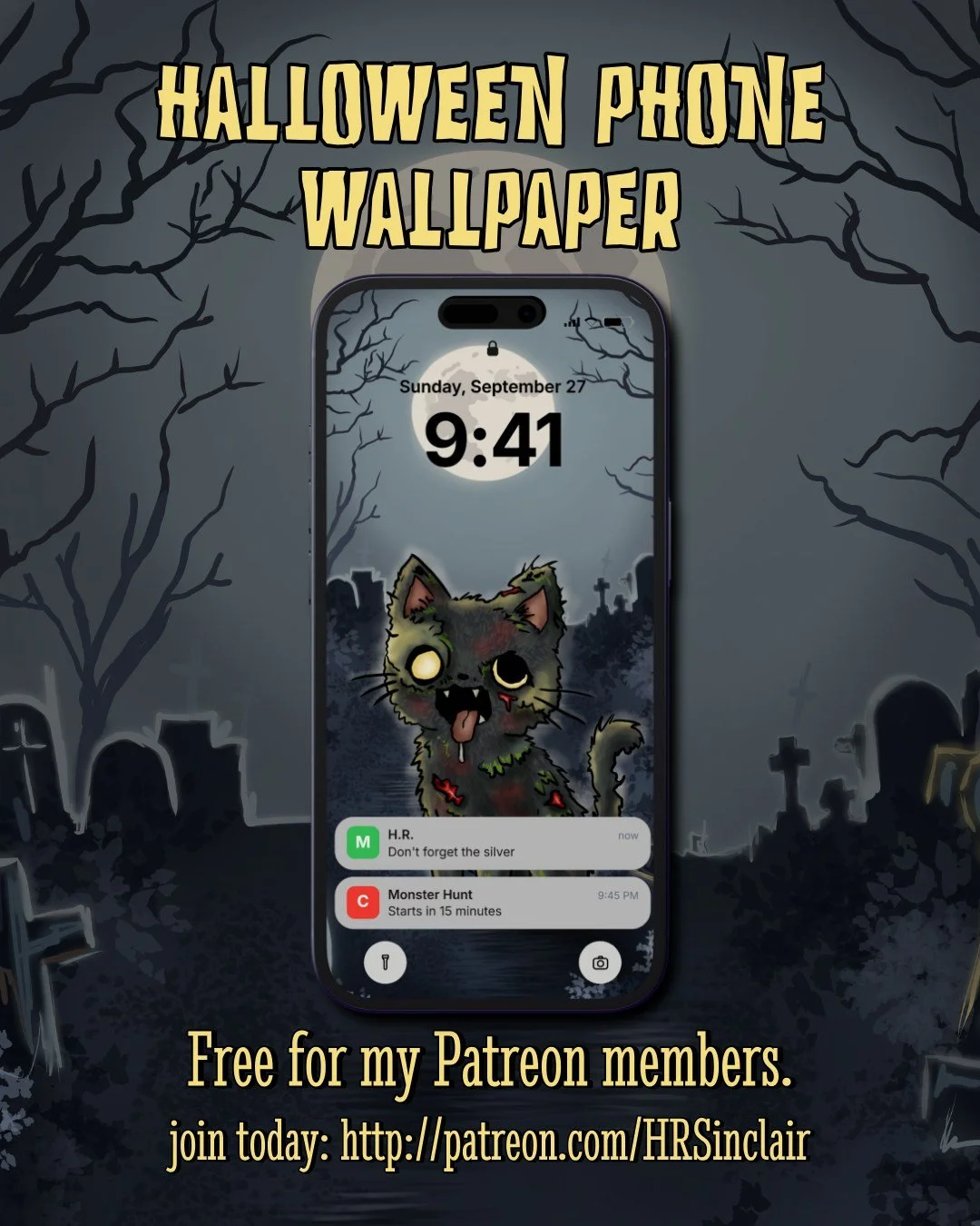 Zombie Cat Phone Wallpaper for Graveyard Ghoulies on my Patreon
Large enough to fit most phones. Lock screen and home screen wallpapers
Patreon.com/HRSinclair