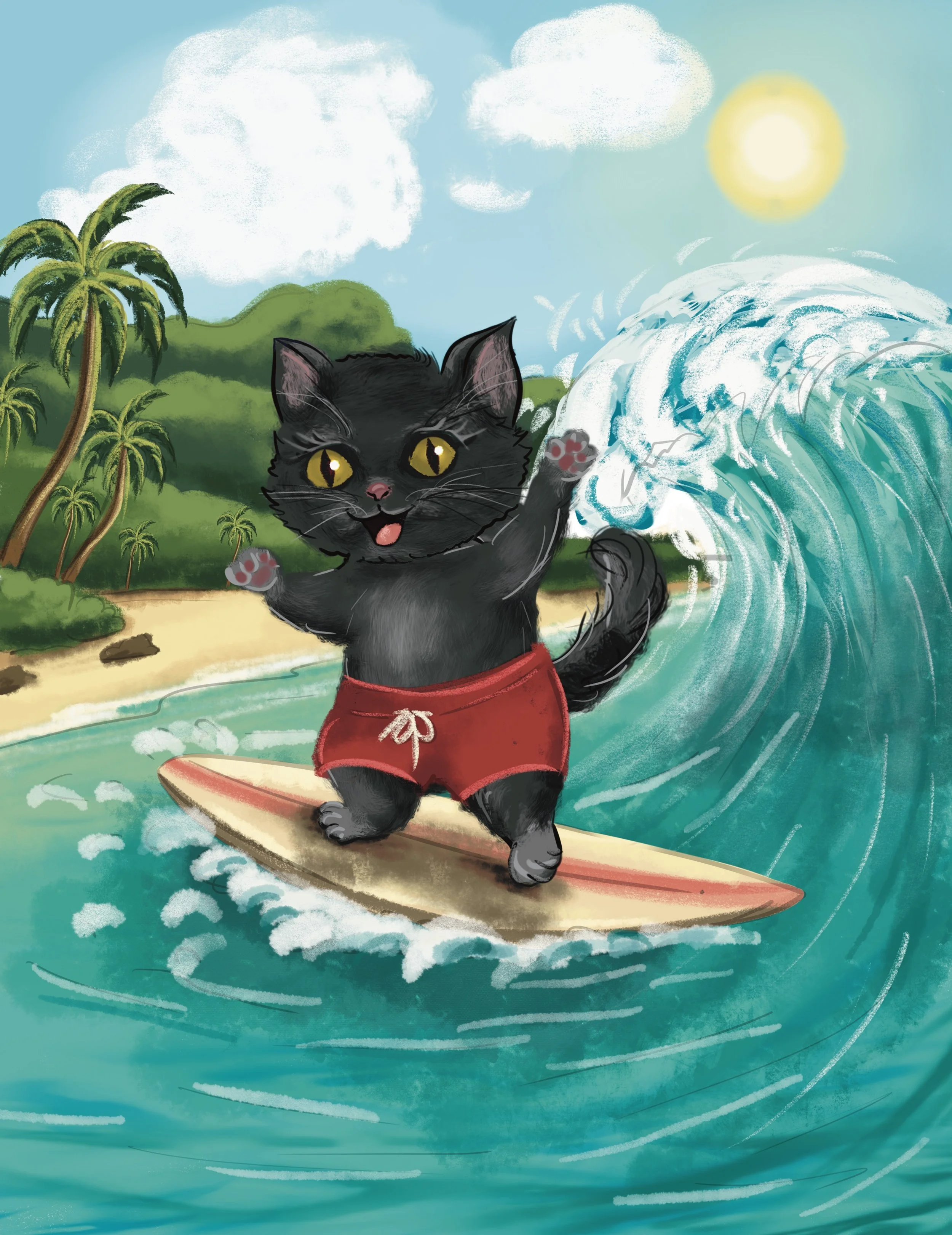 An animated black cat wearing red shorts surfing on a yellow surfboard on ocean waves with palm trees, hills, clouds, and the sun in the background.