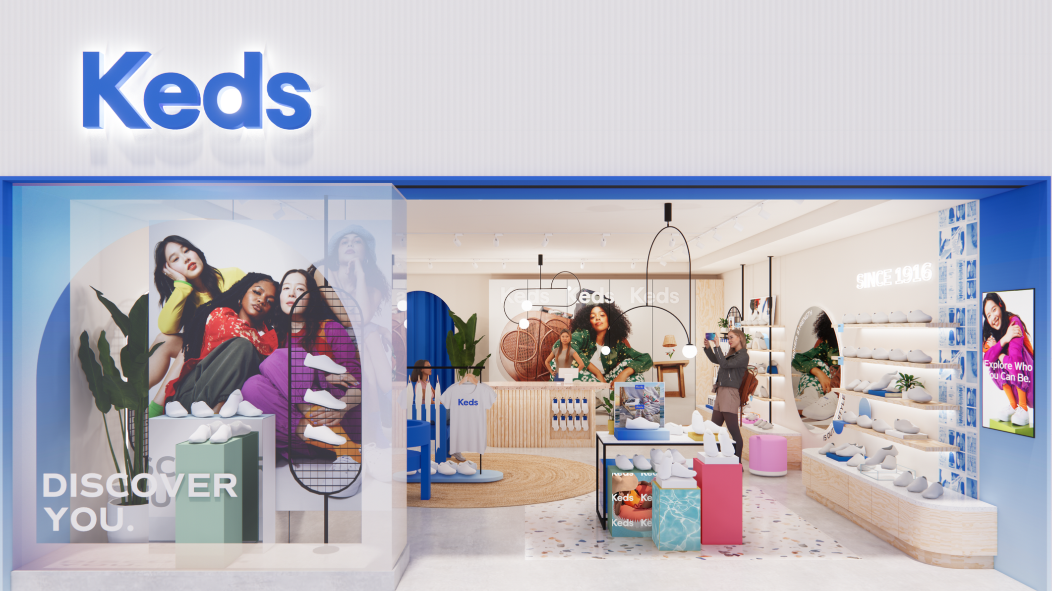 Interior of a Keds shoe store with a bright, modern design.