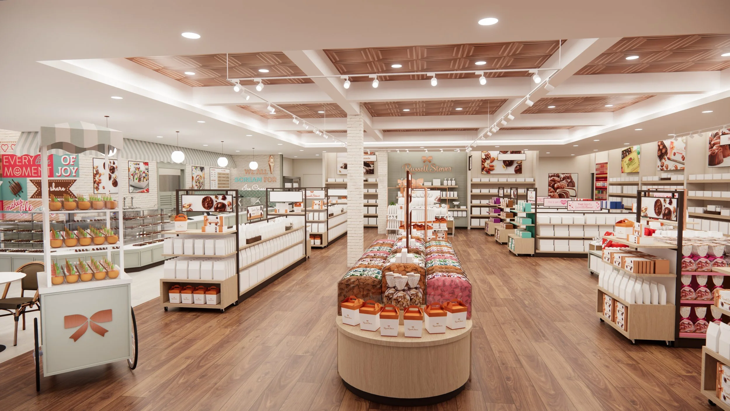 Interior of a store with shelves of chocolates, candies, and gift boxes, decorated with signs and colorful displays, featuring wooden flooring and copper ceiling.