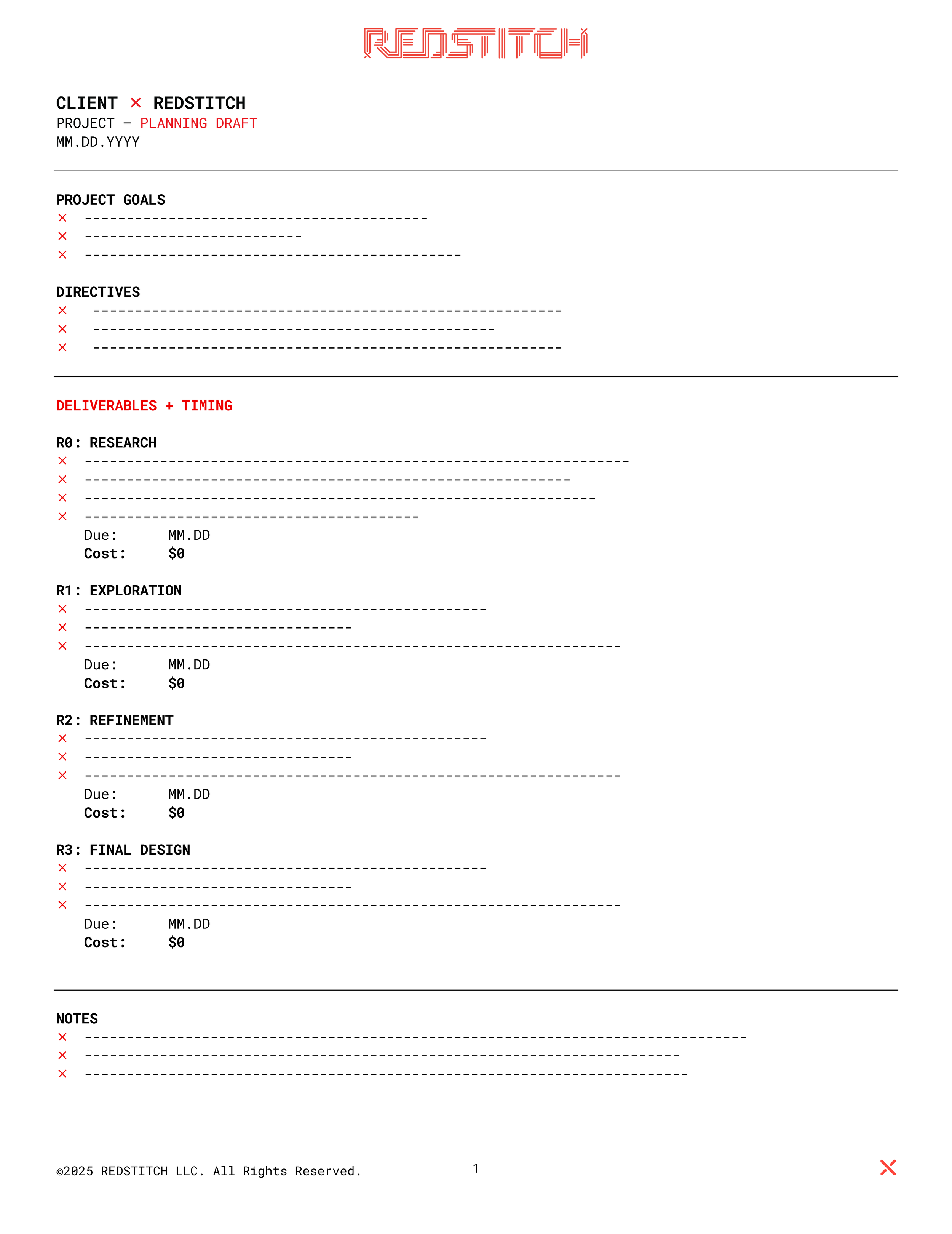 A project planning draft document titled 'Redstitch' with sections for client info, project goals, directives, and deliverables.