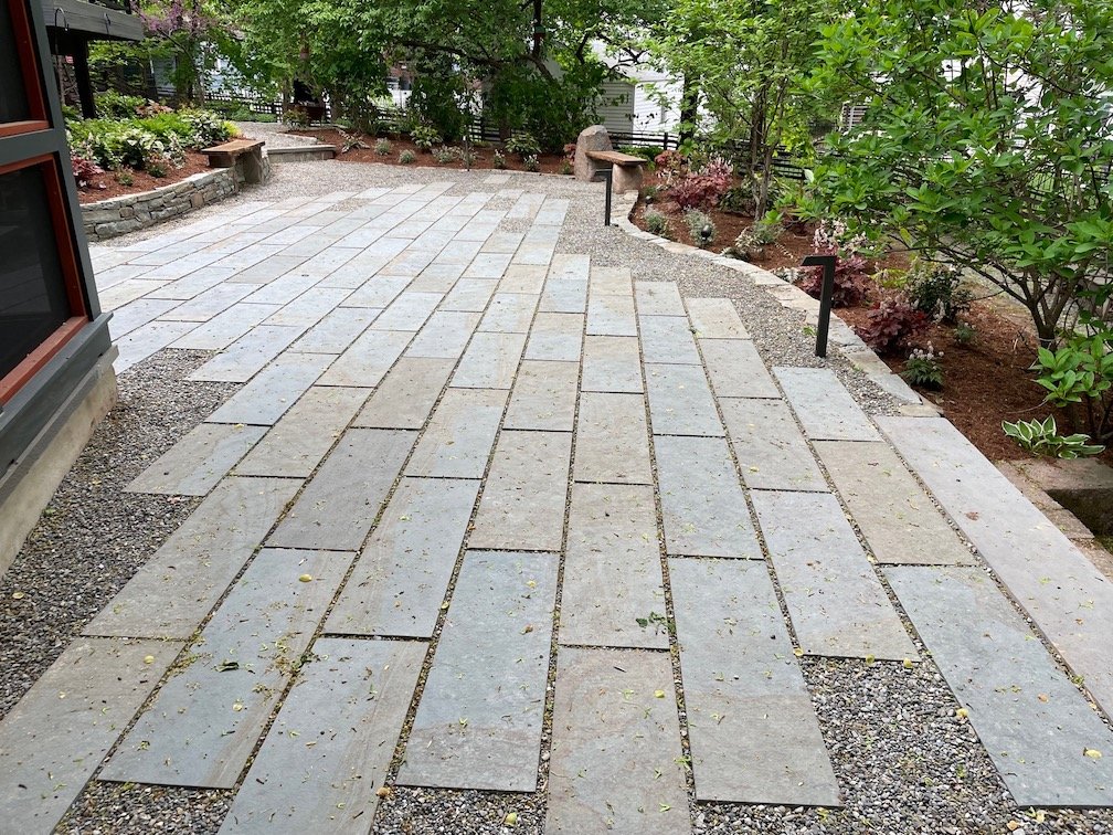 Geometric bluestone natural paver Patio in backyard of northern nj home.jpg