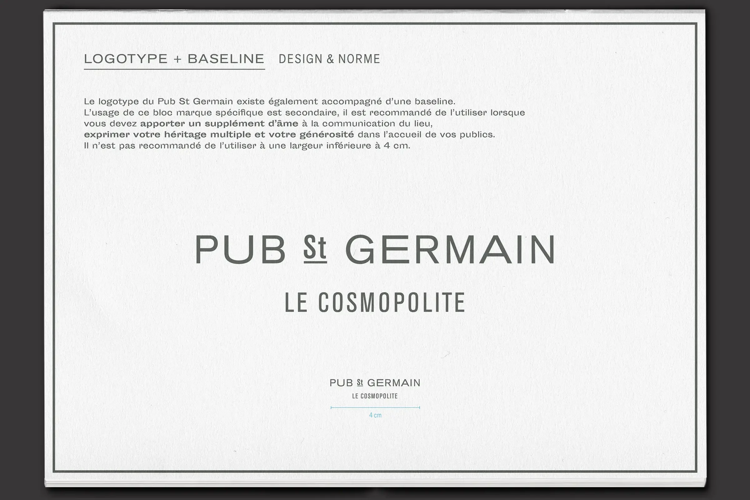 Extrait du brandbook du Pub St Germain, logotype et baseline