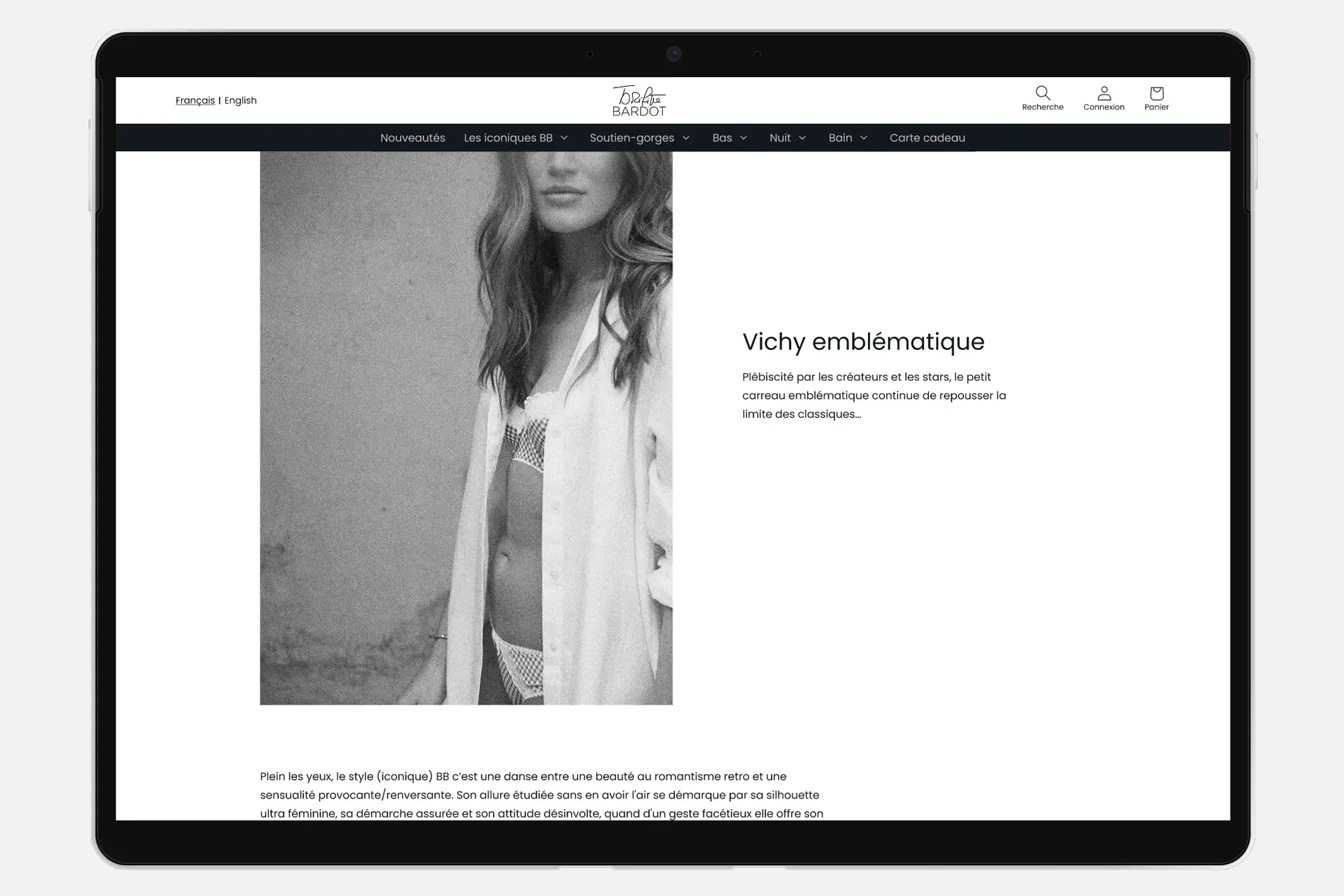 Extrait de la landing page "Iconique" du site Brigitte Bardot Intimate (Lingerie & bain)