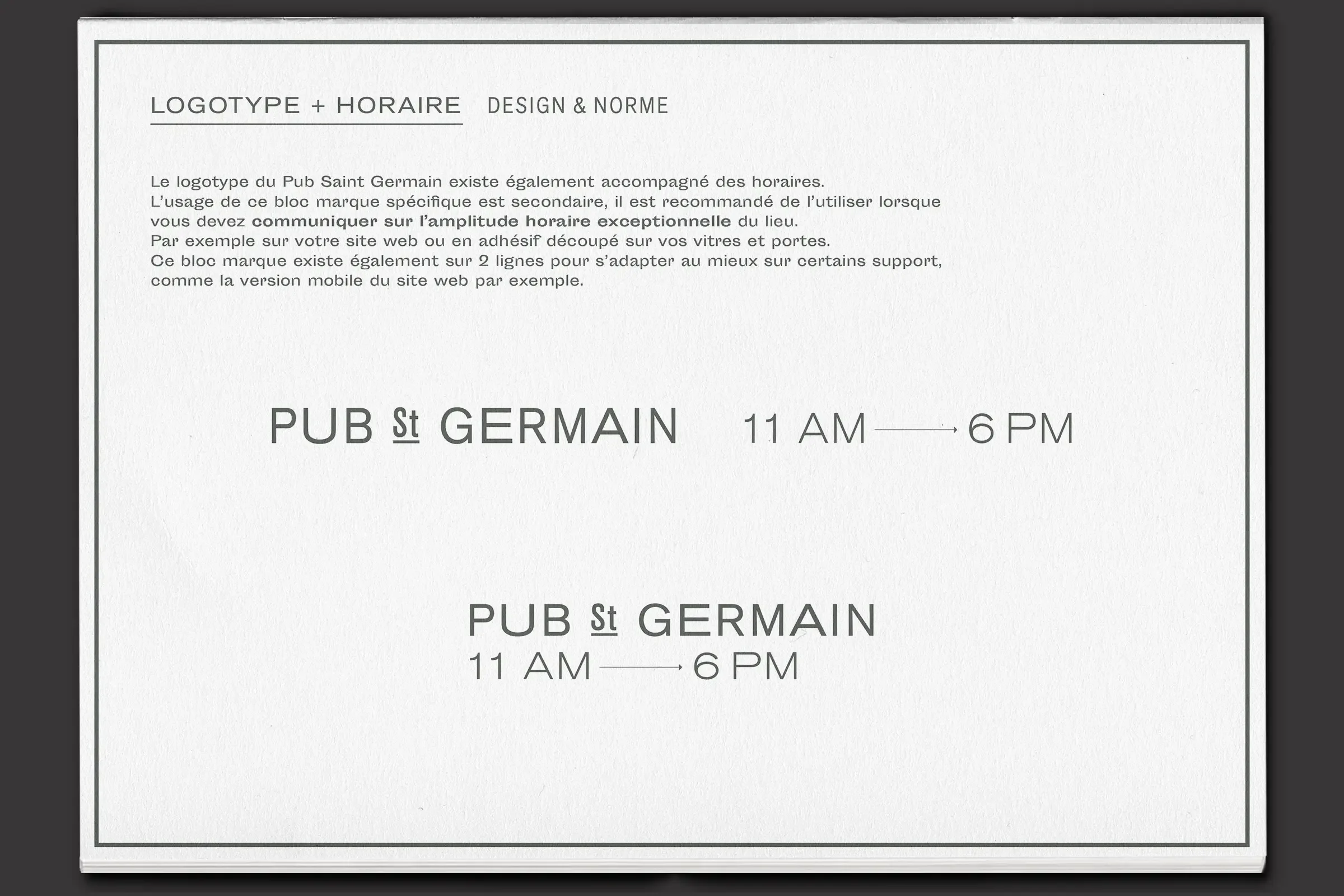Extrait du brandbook du Pub St Germain, logotype et horaire