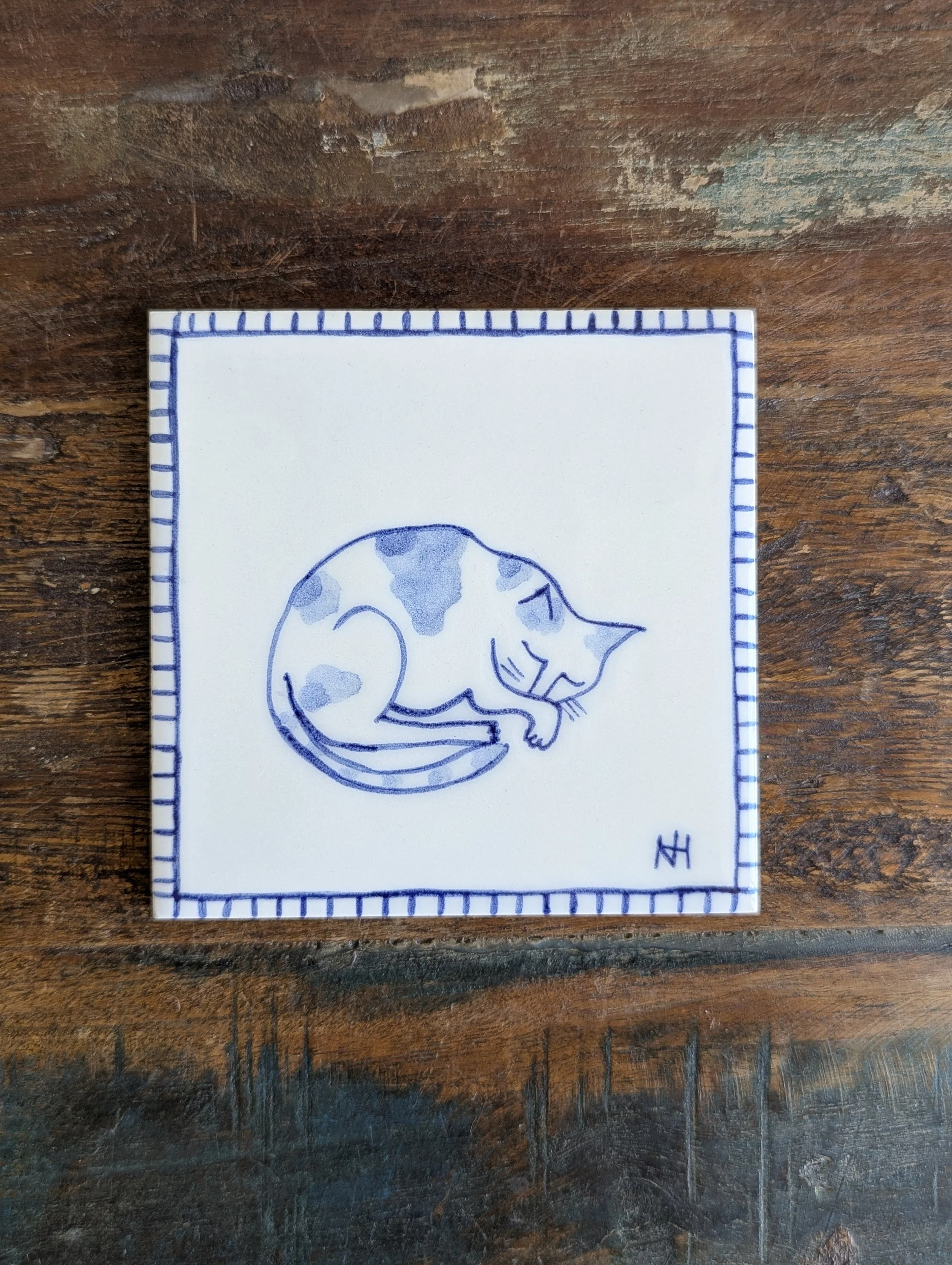Hand Painted Cat Tiles - Curled Up