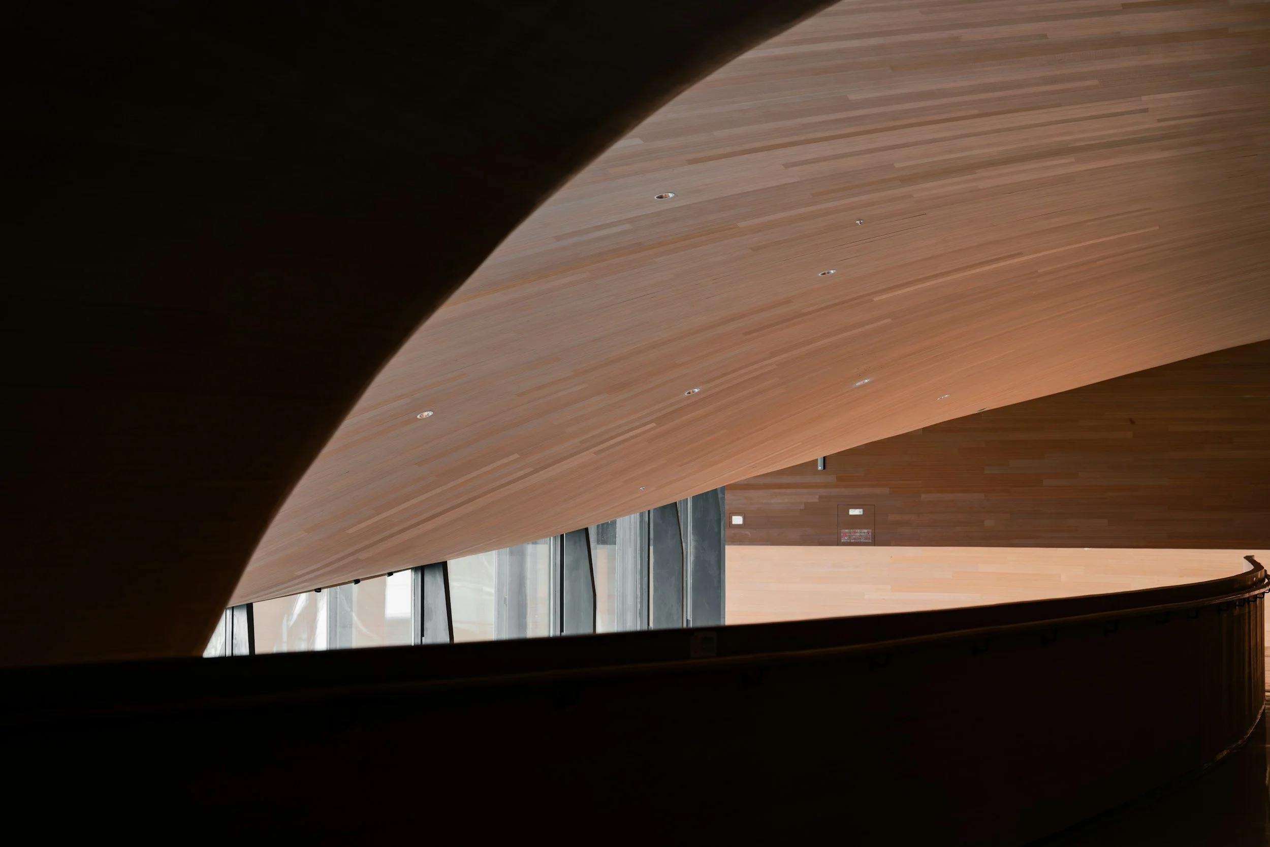 Interior view of a modern building with curved wooden ceiling, vertical glass walls, and a dark railing.