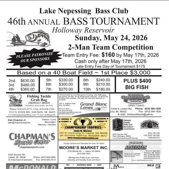 We are a little over a week away from the annual Holloway Reservoir bass fishing tournament. If you would like to compete- don't delay, get ready today! It's a fun time on a cool fishery where it comes down to a game of ounces. The Lake Nepessing Bas