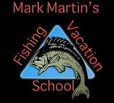 Logo of Mark Martin's Fishing Vacation School, featuring a fish jumping out of water on a blue triangle background.