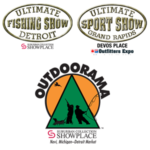 Logos of fishing and sport shows, including the Ultimate Fishing Show Detroit, Ultimate Sport Show Grand Rapids, and Ouidooraam outdoor show, with illustrations of hunters or fishers engaged in outdoor activities.