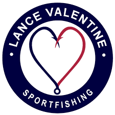 Logo for Lance Valentine Sportfishing featuring a heart shape outline intertwined with a fishing hook.