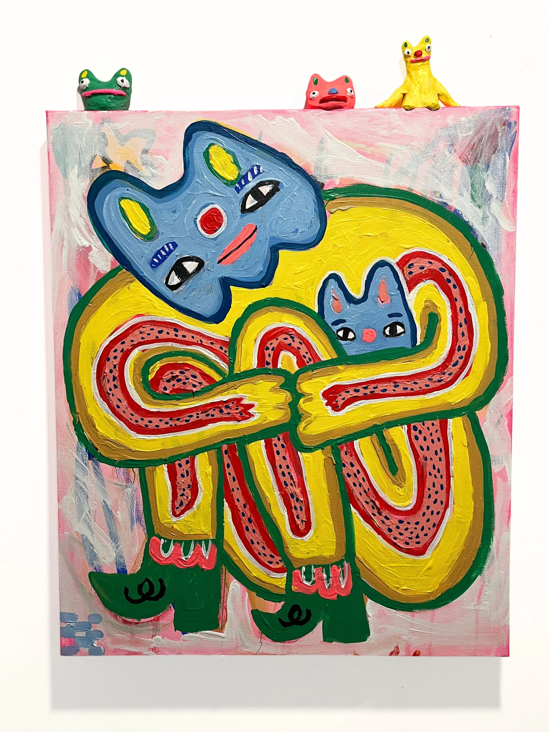 Hugging Me Hugging You Hugging Me |
Acrylic and Clay on Canvas | 20 x 30 in. | 2026